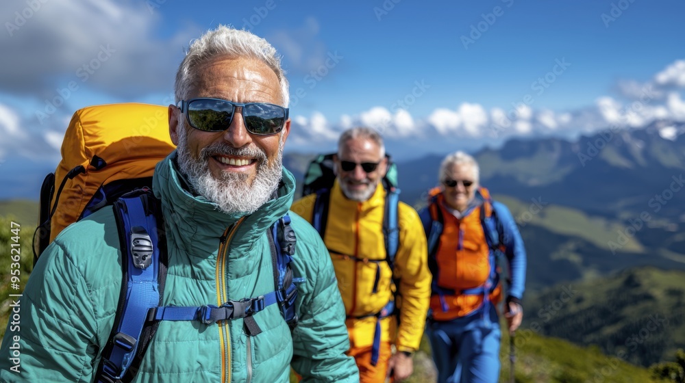 A group of retirees hiking together in scenic landscape, enjoying outdoors and each others company. A group of retirees hiking together in scenic landscape, enjoying outdoors and each others company.