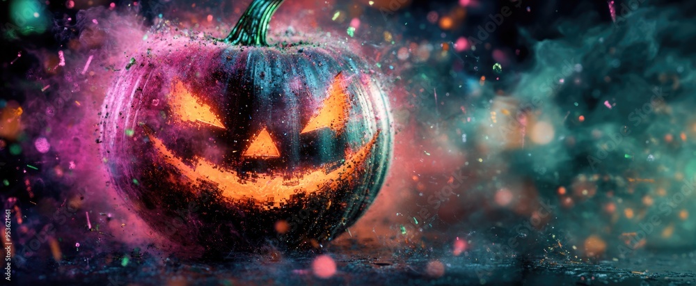 Striking Halloween Banner with Digital Glitch Effect on Pumpkin Striking Halloween Banner with Digital Glitch Effect on Pumpkin