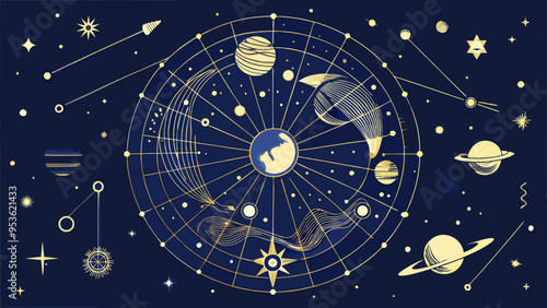 Vintage celestial map with planetary orbits and constellations in navy and gold
