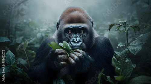 A close-up of a gorilla eat...