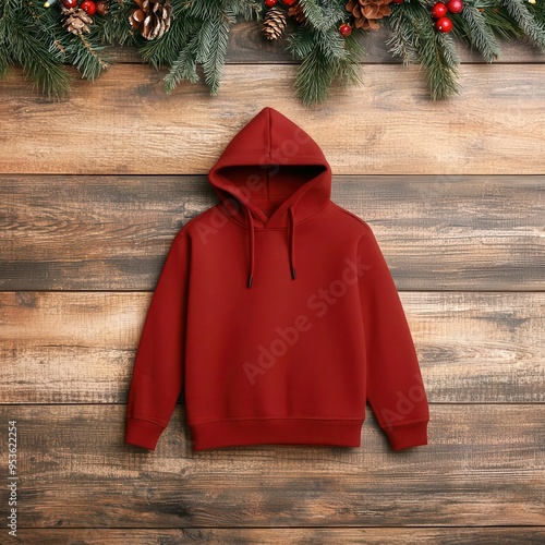 Kid's hoodie hanging on a rustic wall, Christmas decorations and warm lighting photo