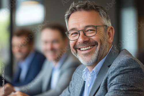 Businessman with a joyful expression, captured in a close-up shot smilling and with glasses