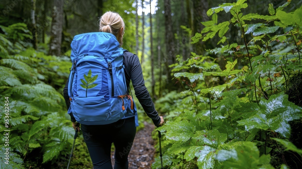 Hiking through lush forest trail, woman enjoys nature with her blue backpack. vibrant greenery surrounds her, creating serene atmosphere. Hiking through lush forest trail, woman enjoys nature with her blue backpack. vibrant greenery surrounds her, creating serene atmosphere.