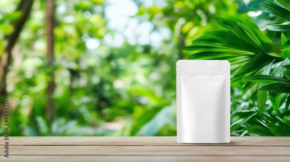 A white stand-up pouch mockup placed against a blurred tropical background, where the lush greenery and palm trees provide a refreshing, exotic vibe. A white stand-up pouch mockup placed against a blurred tropical background, where the lush greenery and palm trees provide a refreshing, exotic vibe.
