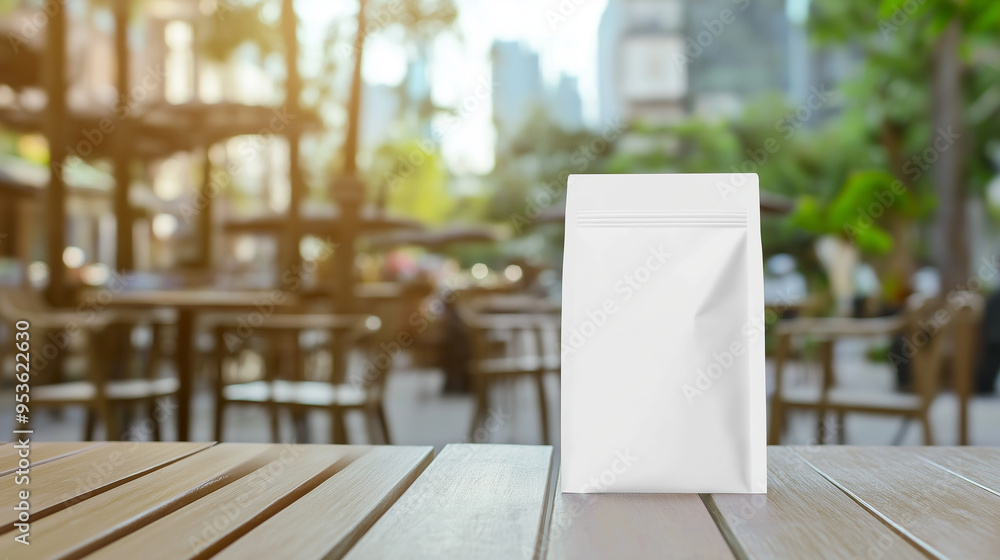 A simple white stand-up pouch mockup displayed against a blurred outdoor café background, where the soft focus on chairs and tables creates a warm, inviting atmosphere. A simple white stand-up pouch mockup displayed against a blurred outdoor café background, where the soft focus on chairs and tables creates a warm, inviting atmosphere.