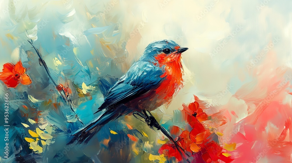 Abstract colorful oil, acrylic painting of bird and spring flower. Modern art paintings brush stroke on canvas. Oil color painting. Generative AI. Abstract colorful oil, acrylic painting of bird and spring flower. Modern art paintings brush stroke on canvas. Oil color painting. Generative AI.