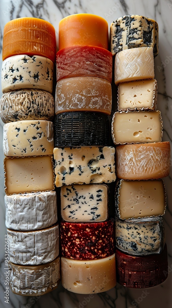Assortment of various cheeses in stacks on marble background. Assortment of various cheeses in stacks on marble background.