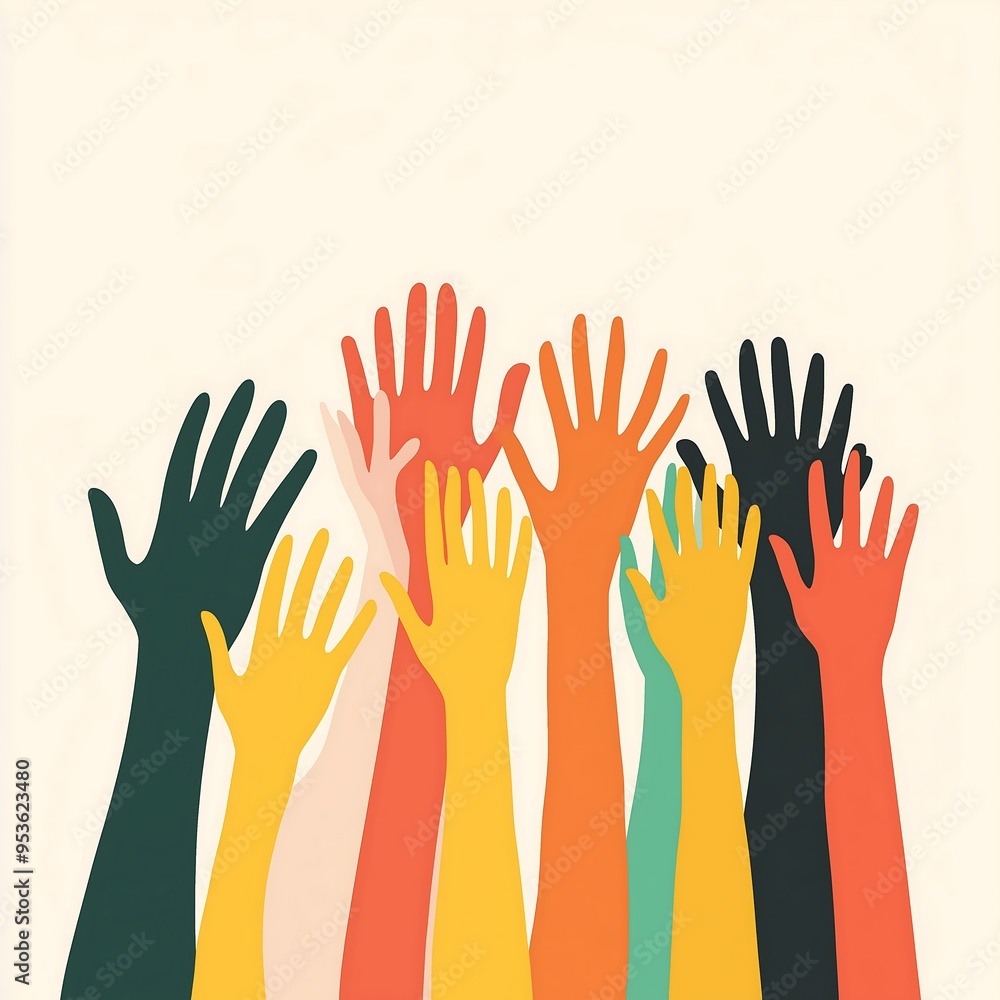 Fototapeta premium Embracing Unity Through Diversity, Hands Reaching Upward in Harmony