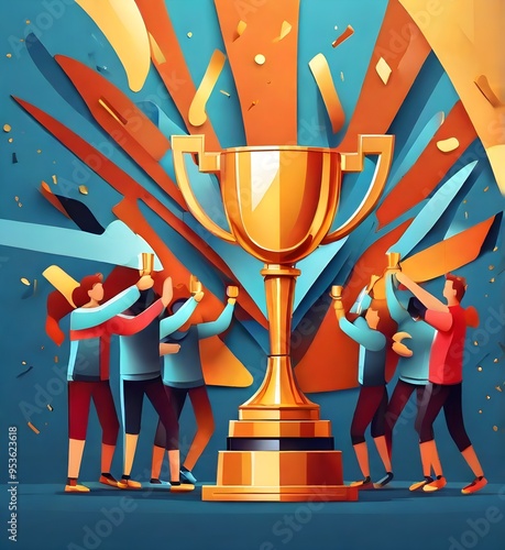 Golden trophy cup, symbol of victory, team celebrating victory. Modern flat style vector illustration Generative AI

