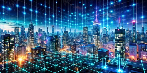 A futuristic, high-tech grid of ones and zeros camouflages a cityscape, blending digital noise with urban landscape in