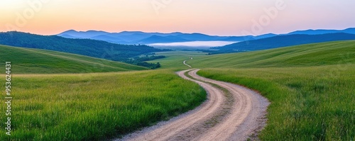 Quiet rural landscape with winding paths, morning mist, deep serenity