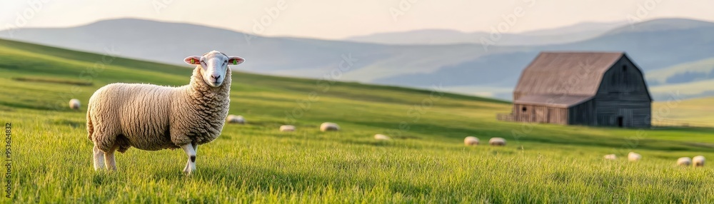 Sheep scattered across lush pasture, old barn nearby, idyllic farm setting Sheep scattered across lush pasture, old barn nearby, idyllic farm setting
