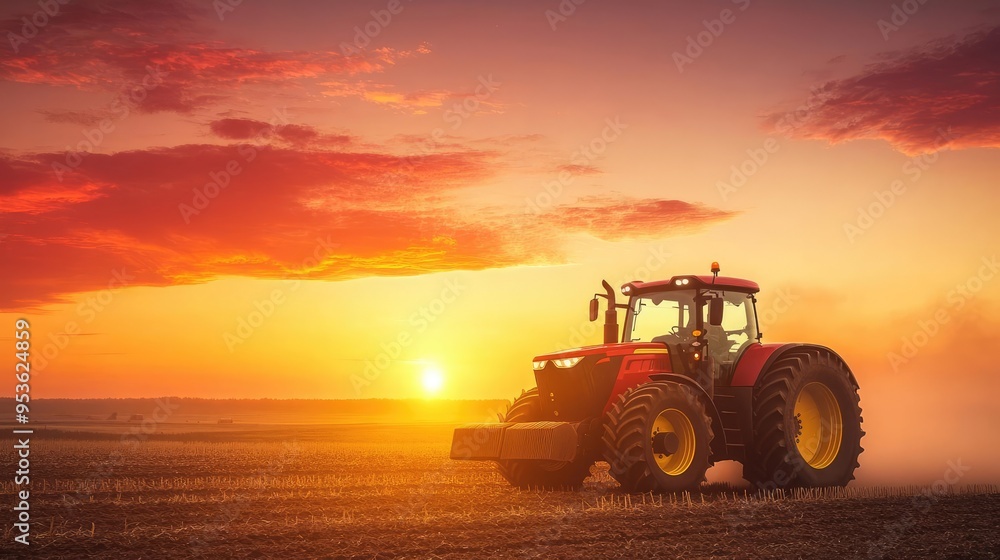 Silhouette of a tractor against a fiery sunset, dust cloud illuminated by the sun, powerful and dramatic farming imagery Silhouette of a tractor against a fiery sunset, dust cloud illuminated by the sun, powerful and dramatic farming imagery