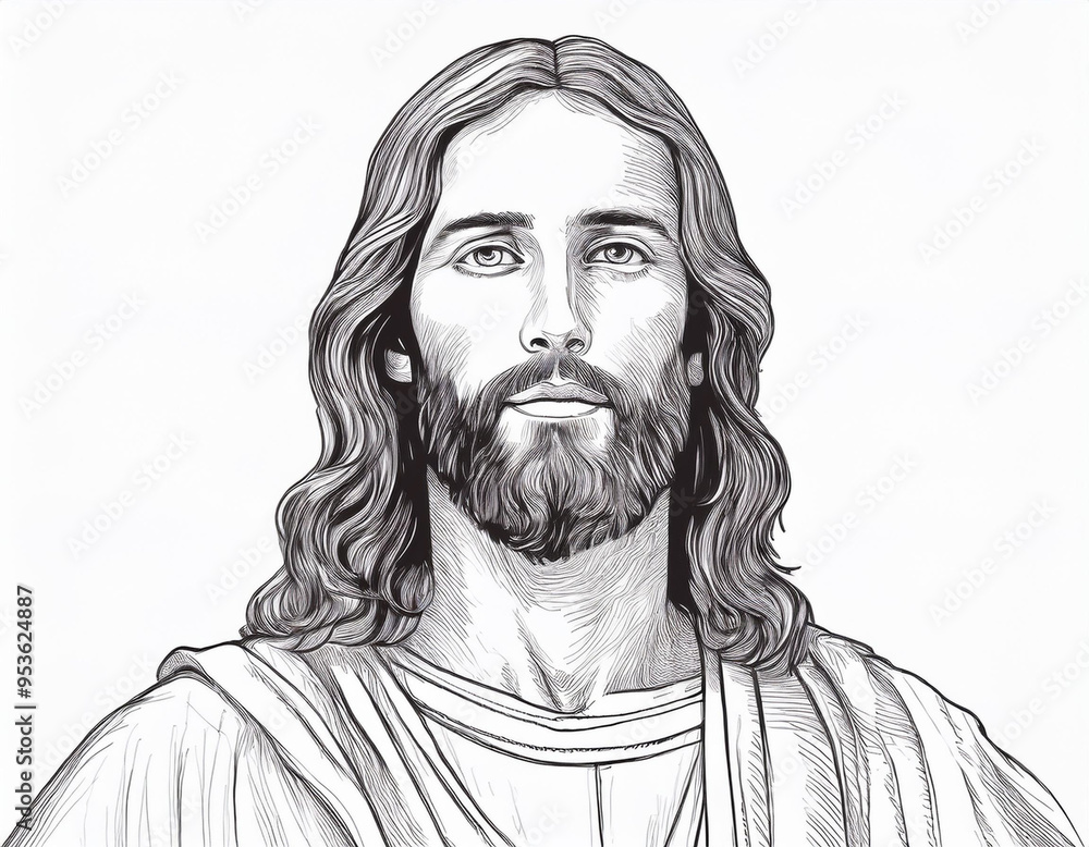 Fototapeta premium Black and White Portrait of Jesus A Headshot Illustration