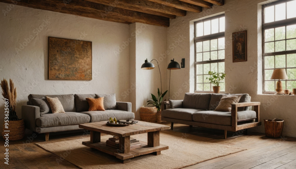 A minimalist living room with a modern rustic design A minimalist living room with a modern rustic design