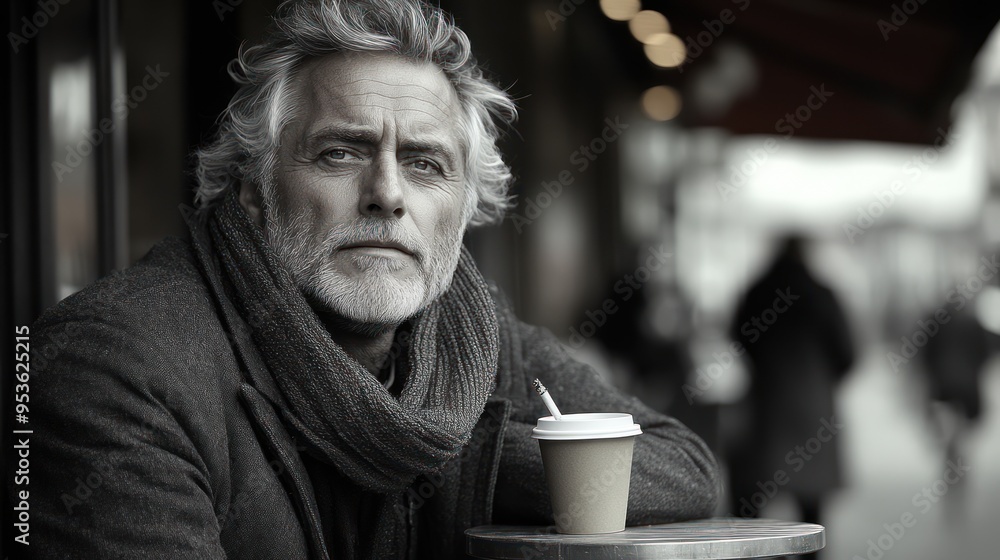 A contemplative older man sitting at a caf? with a coffee cup. A contemplative older man sitting at a caf? with a coffee cup.