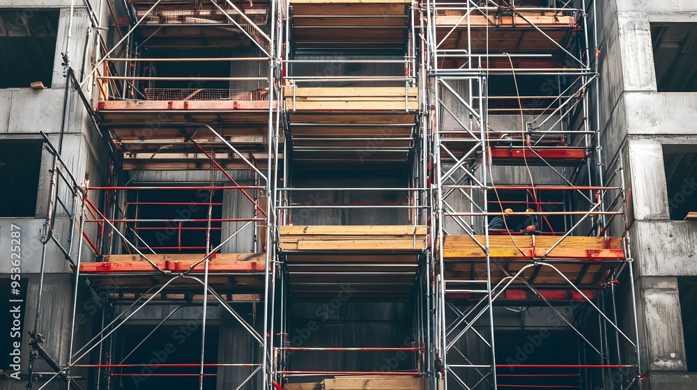 A construction worker is on a scaffold, looking out over a bridge. The sky is orange and the clouds are white A construction worker is on a scaffold, looking out over a bridge. The sky is orange and the clouds are white