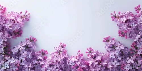 Lush lilac spring flowers bloom against a backdrop of pure white creating a picturesque scene with plenty of room for text Syringa vulgaris varieties add a touch of charm to the composition