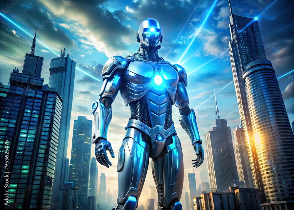 A futuristic robotic figure emerges from a cityscape, its metallic body glowing with bright blue light as it assumes a powerful, towering stance. A futuristic robotic figure emerges from a cityscape, its metallic body glowing with bright blue light as it assumes a powerful, towering stance.