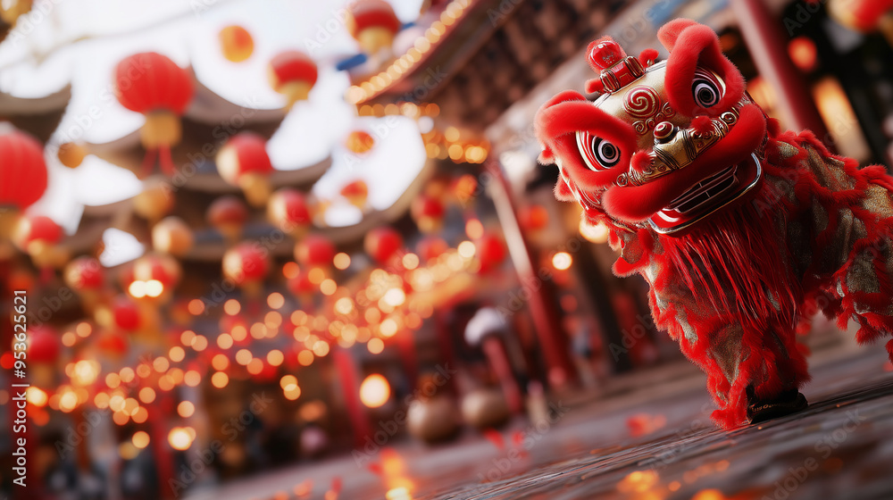 Fototapeta premium A lively lion dance featuring a red and gold lion costume, performing a traditional dance in front of a temple decorated with colorful banners and lanterns, with the templeÃ¢ÂÂs ancie