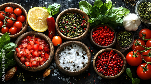 Fototapeta Naklejka Na Ścianę i Meble -  A collection of various spices and ingredients in wooden bowls, including tomatoes, peppercorns, basil, salt, garlic, and lemon.