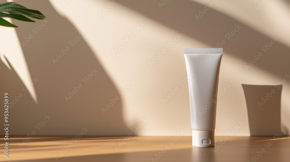 An empty cream skincare tube, standing upright on a sleek wooden table, set against a soft beige wall background, with subtle shadows enhancing the minimalist aesthetic. An empty cream skincare tube, standing upright on a sleek wooden table, set against a soft beige wall background, with subtle shadows enhancing the minimalist aesthetic.