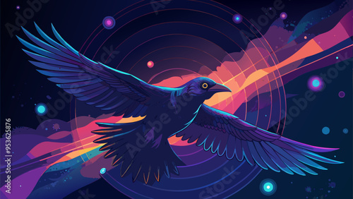 Cosmic Raven Tattoo Design with Vibrant Galactic Background