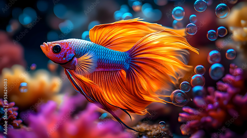 A colorful Siamese fighting fish with long fins swims through a school of bubbles against a background of colorful coral. A colorful Siamese fighting fish with long fins swims through a school of bubbles against a background of colorful coral.