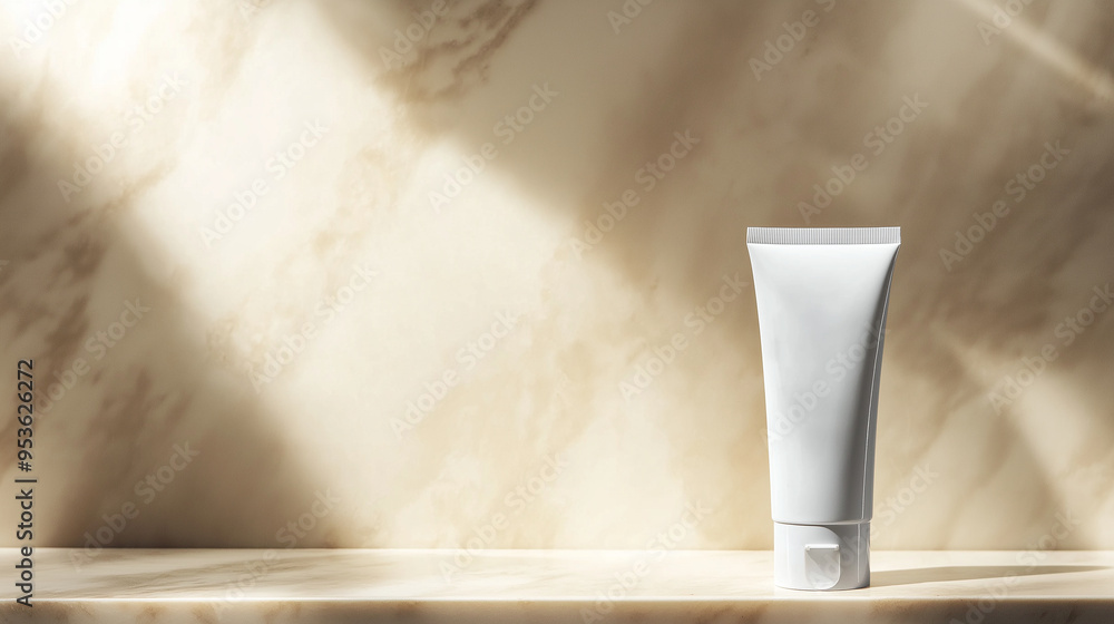 A clean, white cream skincare tube with a minimalist design, standing tall on a marble countertop, with a neutral-colored wall softly lit in the background, creating a sense of pur A clean, white cream skincare tube with a minimalist design, standing tall on a marble countertop, with a neutral-colored wall softly lit in the background, creating a sense of pur