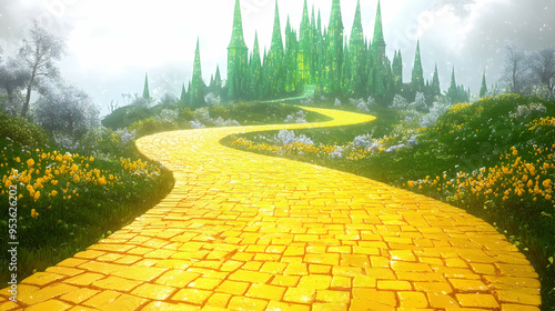 A magical yellow brick road winding through a vibrant spring landscape, illustration
