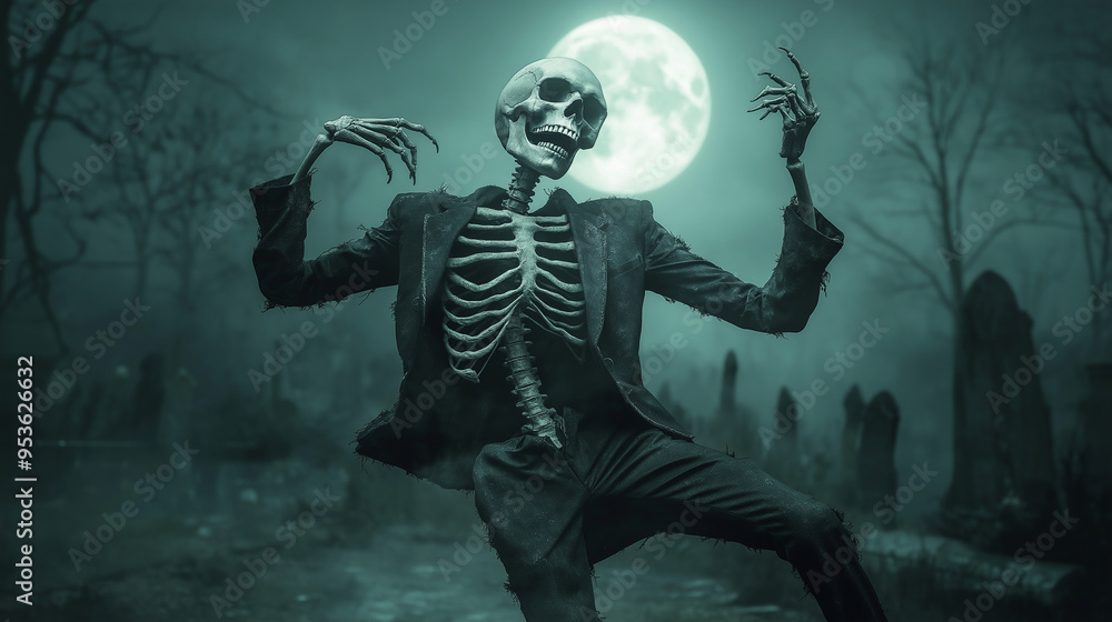 Fototapeta premium A skeleton dressed in a tattered suit, dancing under the light of a full moon, with gravestones and dead trees in the background.