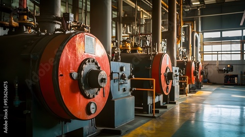 A large industrial pipe with yellow and orange pipes above it. Concept of industrialization and machinery