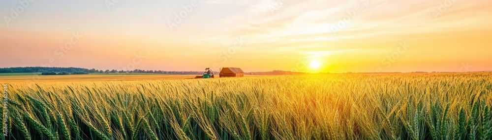 Field bathed in sunrise light, farmer ready for work, serene agricultural morning Field bathed in sunrise light, farmer ready for work, serene agricultural morning