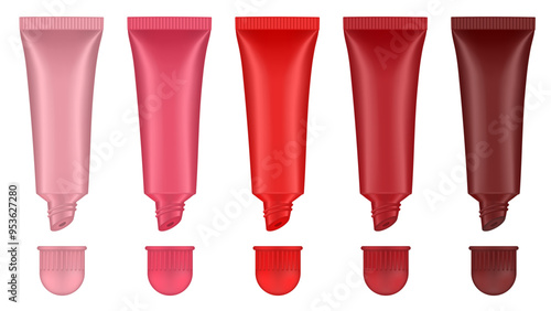 Set of lip gloss tubed. Lip, eye cream, serum. Cosmetic product container mockup. Pink, red, marsala and brown bottles with round cap