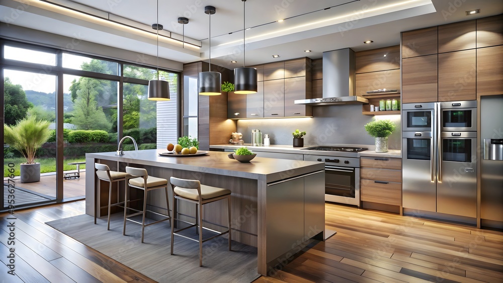 Contemporary open-plan kitchen with sleek, stainless-steel appliances Contemporary open-plan kitchen with sleek, stainless-steel appliances