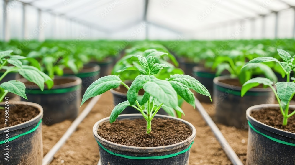Healthy plants under greenhouse glass, thriving growth, agricultural innovation Healthy plants under greenhouse glass, thriving growth, agricultural innovation