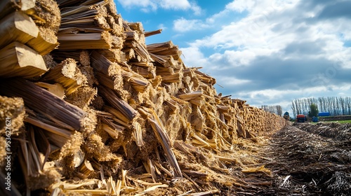 A pile of wood is stacked in a forest. The wood is being burned, and smoke is rising into the sky. The scene is peaceful and serene, with the trees and mountains in the background