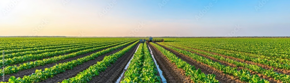 Irrigation system watering vast crops under clear blue sky, agricultural innovation Irrigation system watering vast crops under clear blue sky, agricultural innovation