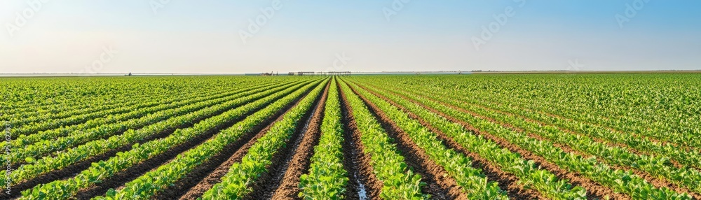 Irrigation system watering vast crops under clear blue sky, agricultural innovation Irrigation system watering vast crops under clear blue sky, agricultural innovation