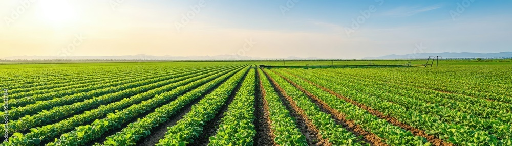 Irrigation system watering vast crops under clear blue sky, agricultural innovation Irrigation system watering vast crops under clear blue sky, agricultural innovation