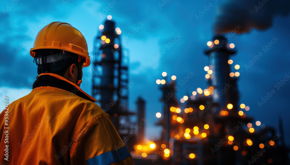 A man in a yellow jacket stands in front of a large industrial plant A man in a yellow jacket stands in front of a large industrial plant