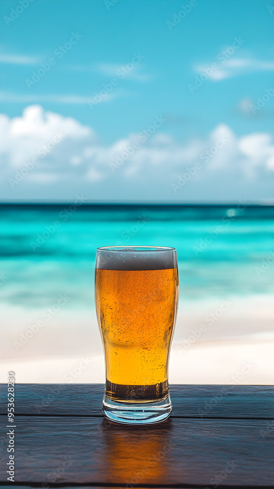 A beer glass filled with golden beverage stands on a wooden surface against a serene ocean backdrop and bright blue sky A beer glass filled with golden beverage stands on a wooden surface against a serene ocean backdrop and bright blue sky