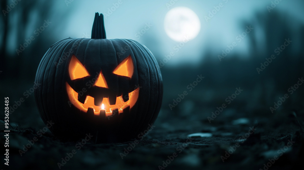A close-up of a carved pumpkin with a scary face, lit from within by a flickering candle, with the full moon in the background. A close-up of a carved pumpkin with a scary face, lit from within by a flickering candle, with the full moon in the background.