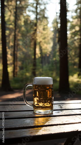 A clean simple beer mug placed on a picnic table surrounded by lush green trees in a serene forest setting