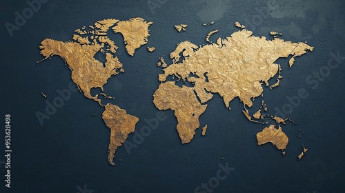 Fototapeta Naklejka Na Ścianę i Meble -  Artistic world map in golden detail on a dark background, perfect for travel, geography, and educational themes.
