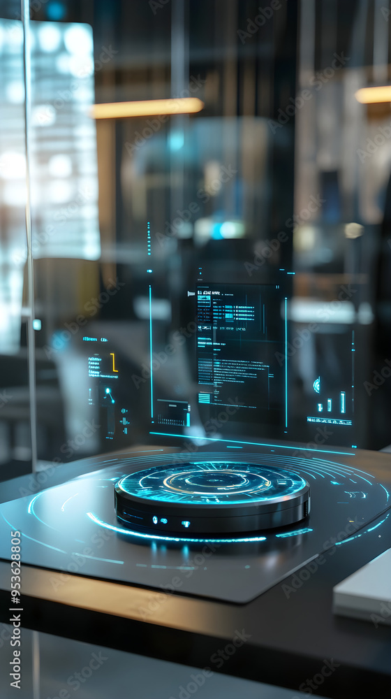 A close-up of a smart assistant device displaying holographic data and interface elements, set in a modern tech workspace A close-up of a smart assistant device displaying holographic data and interface elements, set in a modern tech workspace