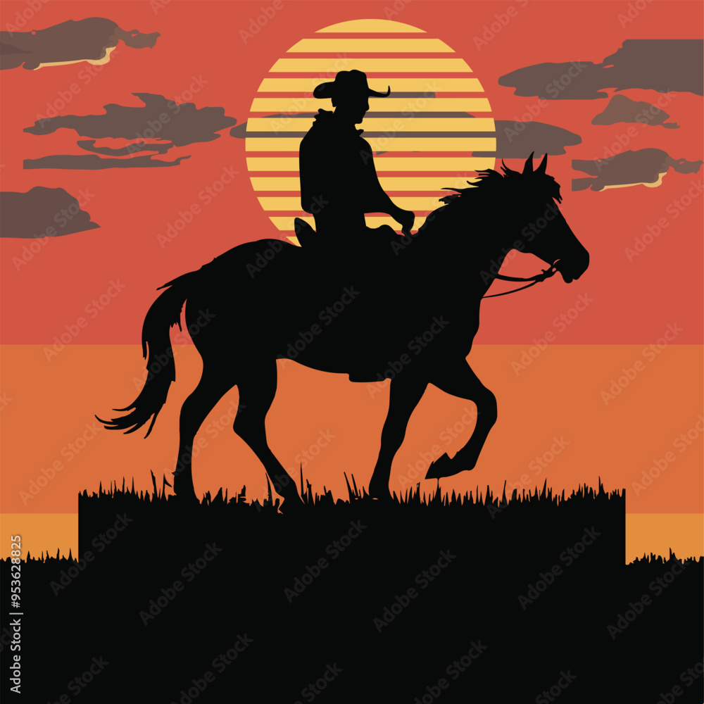 horse on sunset, Wild west hero, cowboy silhouette riding horse at sunset. , horse vector illustration horse on sunset, Wild west hero, cowboy silhouette riding horse at sunset. , horse vector illustration