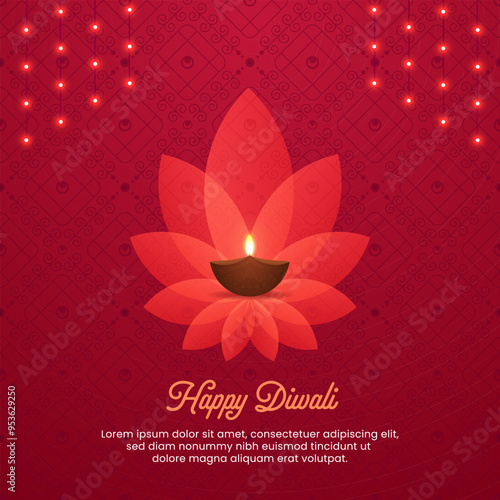 Happy Diwali greetings with Fabulous Earthen Lamp placed on marvelous lotus and Decorative and Elegant Background stitched with stars.