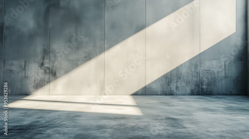 A minimalist concrete interior space with sunlight streaming through, creating dramatic shadows and highlighting the clean design.