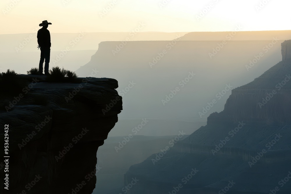 A lone figure stands on a cliff at sunset, overlooking a vast canyon landscape. A lone figure stands on a cliff at sunset, overlooking a vast canyon landscape.